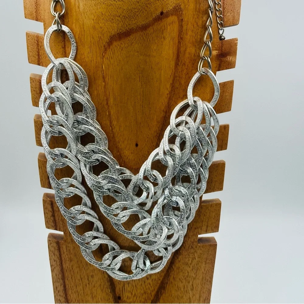 Silver Multi-Row Chain Link Chunky Statement Necklace - Picture 5 of 10